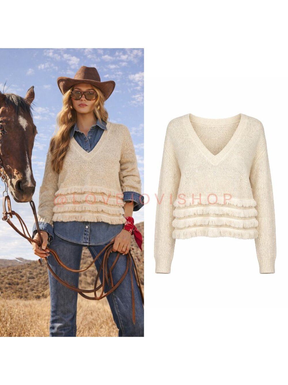Western Luxe | Derek Lam for INTERMIX Cream Cotton/Silk Blend Sweater | Fringe